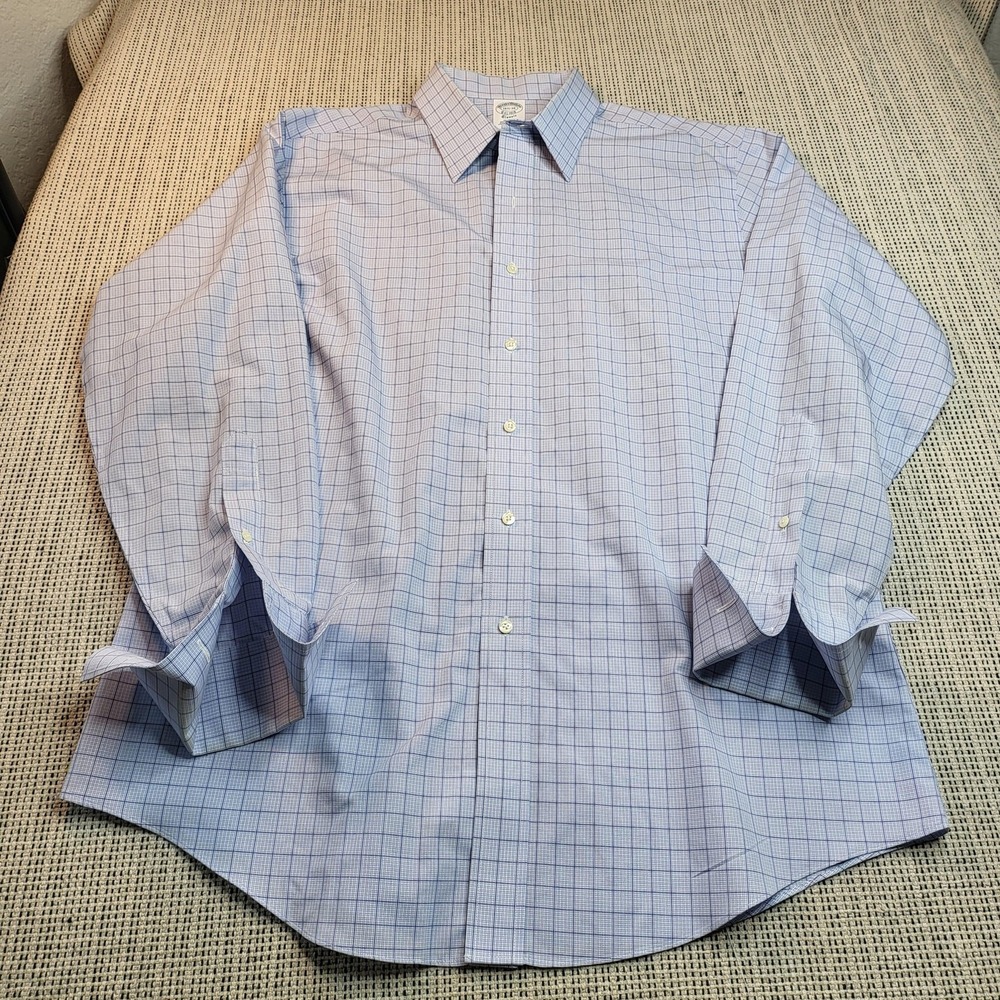 Brooks Brothers Shirt Mens 16.5 34 Blue Check Classic Non Iron Supima Cotton